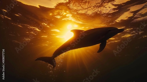Silhouette of a dolphin gracefully gliding underwater at sunset, serene beauty