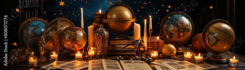 A deck of ancient cards fanned out with a small globe in the center, star charts and celestial maps in the background