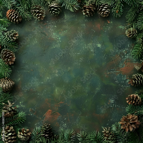 A green background with pine cones surrounding it. The pine cones are arranged in a circle and are of different sizes. Scene is warm and cozy  evoking a sense of the holiday season