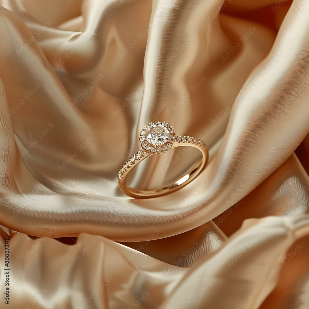Elegant and Luxurious Sparkling Engagement Ring Resting on Silky Fabric. Concept Engagement Ring, Luxury Jewelry, Silky Fabric, Sparkling Diamonds, Elegance Elegant and Luxurious Sparkling Engagement Ring Resting on Silky Fabric. Concept Engagement Ring, Luxury Jewelry, Silky Fabric, Sparkling Diamonds, Elegance