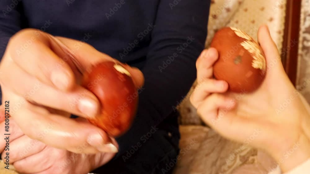 Close up of Easter eggs in playful battle, symbolizing family unity and Armenian Easter tradition. Festive concept Close up of Easter eggs in playful battle, symbolizing family unity and Armenian Easter tradition. Festive concept