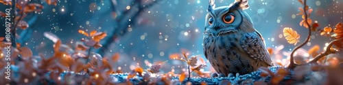 Black Clay Owl Illuminated by Stunning Pastel Tones in D Rendering photo