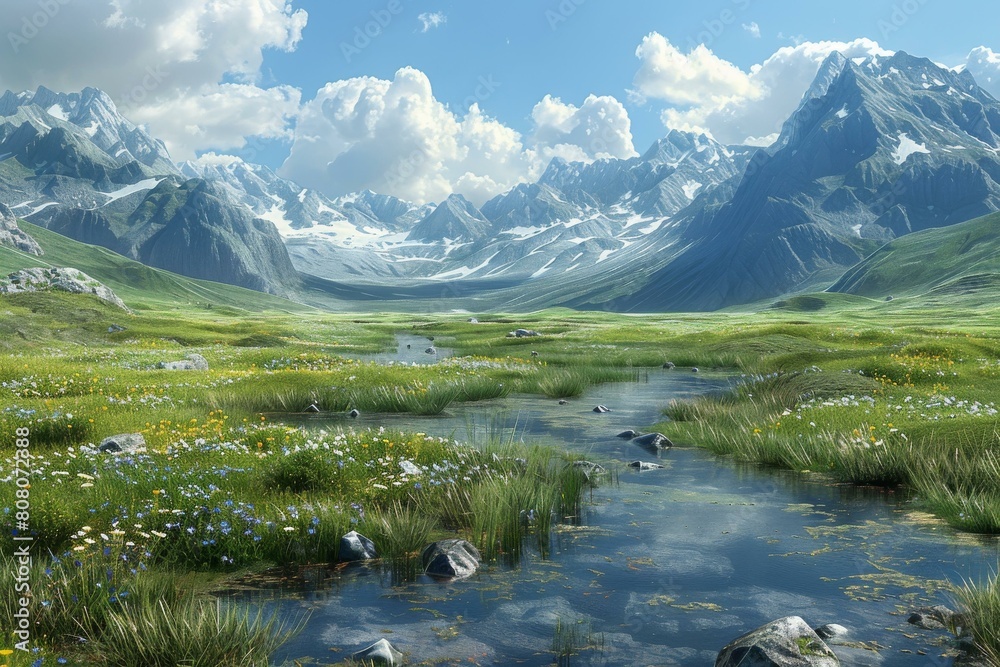 Alpine meadow with stream and snow capped mountains in the distance Alpine meadow with stream and snow capped mountains in the distance