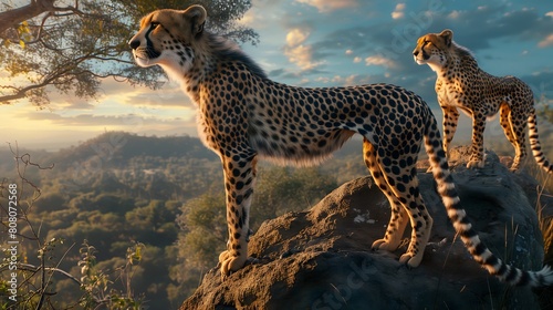 Two cheetahs standing on a rocky hillside, one of which is looking at the camera. The scene is serene and peaceful, with the cheetahs standing tall and proud on the rocky terrain photo