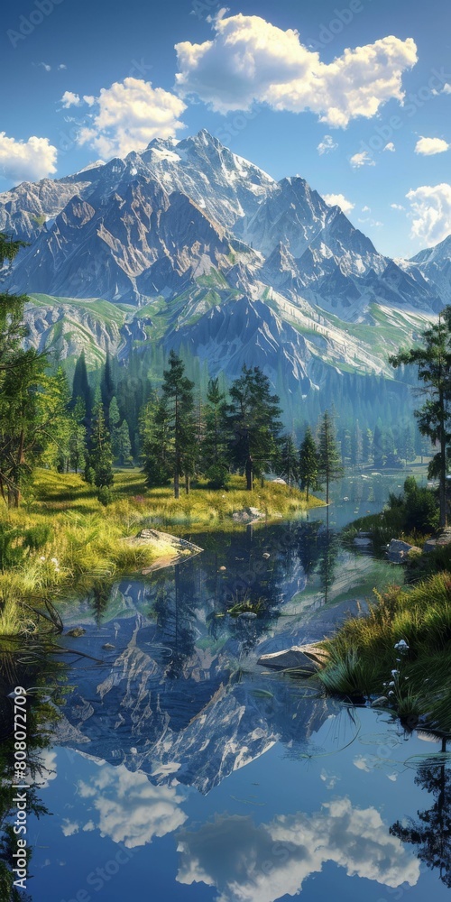 Mountains, lake and trees reflecting in the water