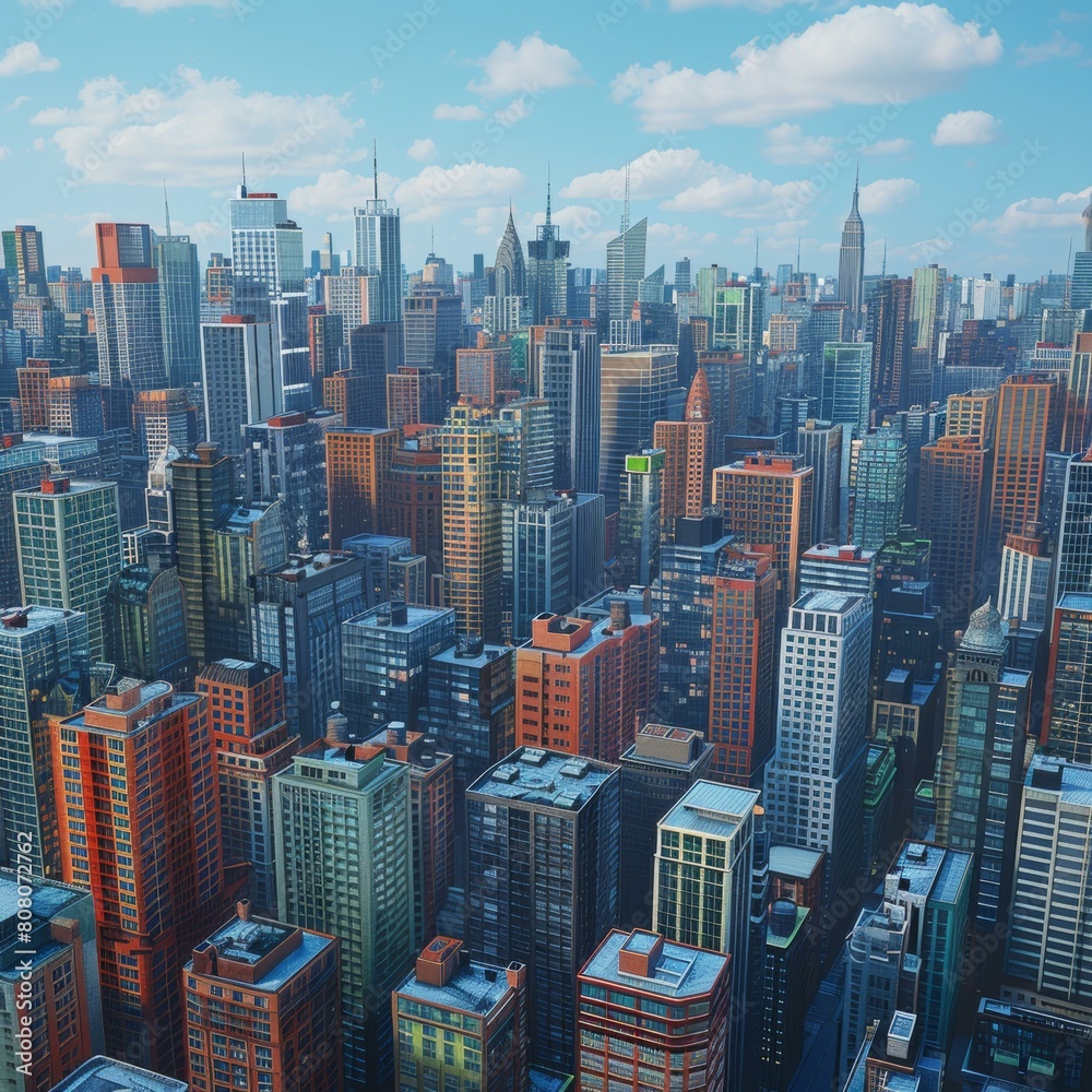 A bustling metropolis with towering skyscrapers and a vibrant cityscape