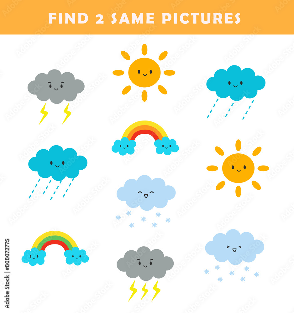 Find 2 same pictures. Puzzle game for children. Preschool worksheet activity for kids. Educational game with cute weather illustration. Find 2 same pictures. Puzzle game for children. Preschool worksheet activity for kids. Educational game with cute weather illustration.