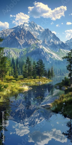 Mountains, lake and trees reflecting in the water