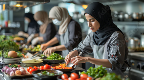 Muslim female chef cooking halal food