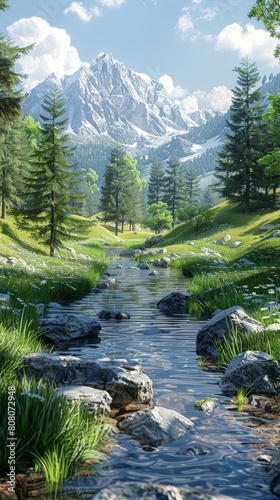 A beautiful landscape with a mountain  river  and trees