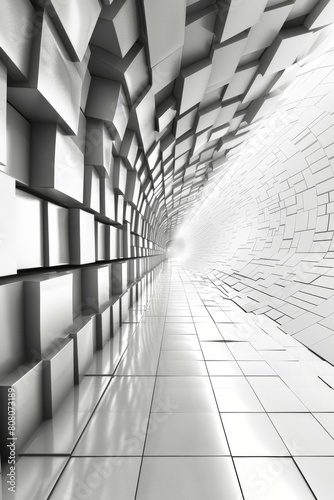 Futuristic tunnel made of reflective white cubes