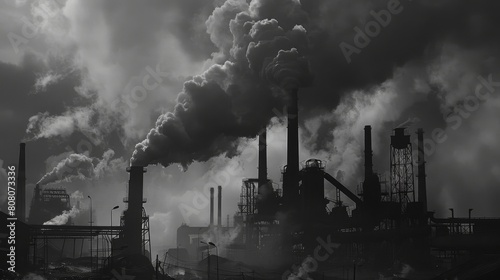 Smoke rising from chimneys of a steel mill, symbolizing heavy industry in action © Plaifah