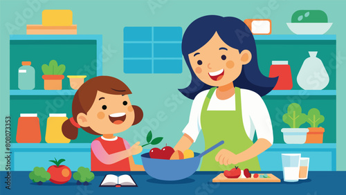 A mother and daughter laughing and chatting as they prepare colorful and healthy meals in a weekly cooking class at the local library..