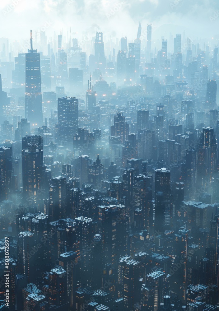A futuristic cityscape with tall buildings and a heavy fog