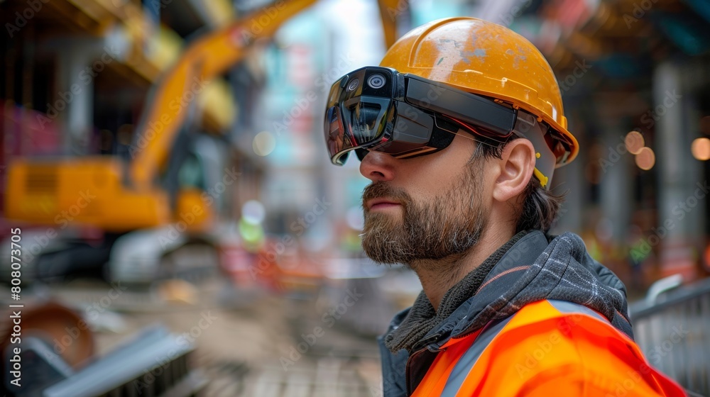 A construction supervisor utilizing augmented reality glasses to oversee machinery operations and safety protocols on-site. A construction supervisor utilizing augmented reality glasses to oversee machinery operations and safety protocols on-site.