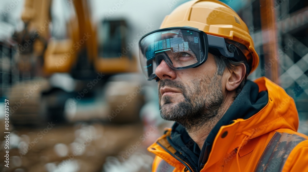 A construction supervisor utilizing augmented reality glasses to oversee machinery operations and safety protocols on-site. A construction supervisor utilizing augmented reality glasses to oversee machinery operations and safety protocols on-site.