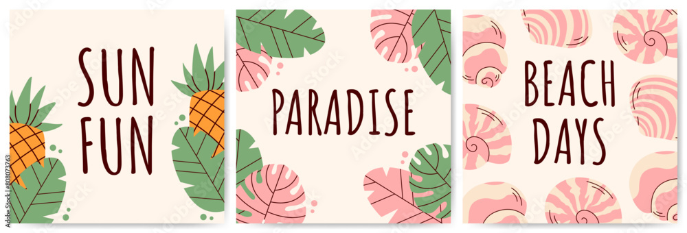 Naklejka premium A set of summer vacation poster templates featuring a pineapple, palm leaves, and seashells. The inscriptions 