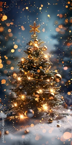 Christmas tree with golden ornaments and lights