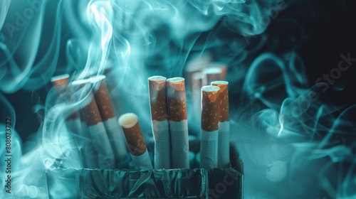 Smoke swirling around a pack of cigarettes, addiction and dependency photo
