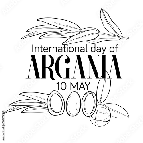 International day of argania celebration design with the argan oil. Hand drawing line Argan oil nuts with plant illustration. International Day of Argania celebration poster design