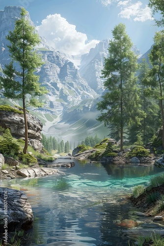 A beautiful landscape with mountains, trees, and a river © duyina1990