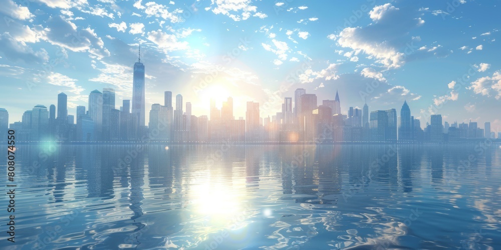 New York City skyline with skyscrapers and sunlight reflecting off the water