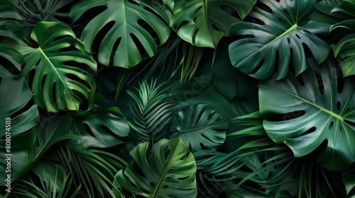 A lush  tropical leaf background with vibrant green colors.
