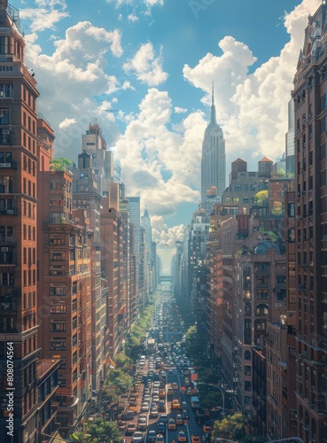 New York City street with the Empire State Building in the distance