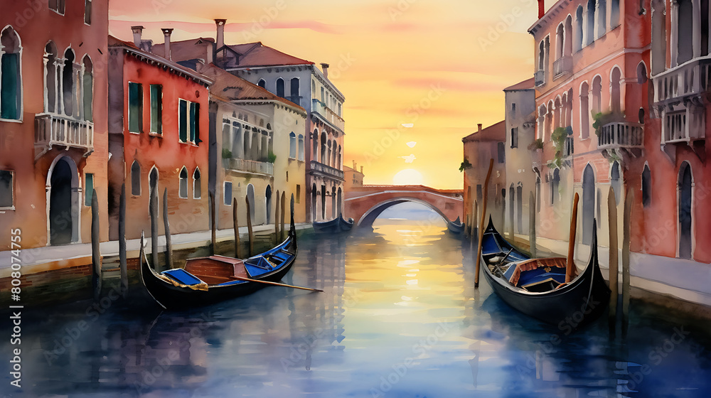 Design a watercolor background capturing the elegance of a Venetian canal in the early evening