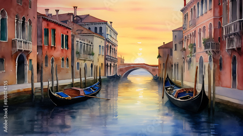 Design a watercolor background capturing the elegance of a Venetian canal in the early evening © Sunny