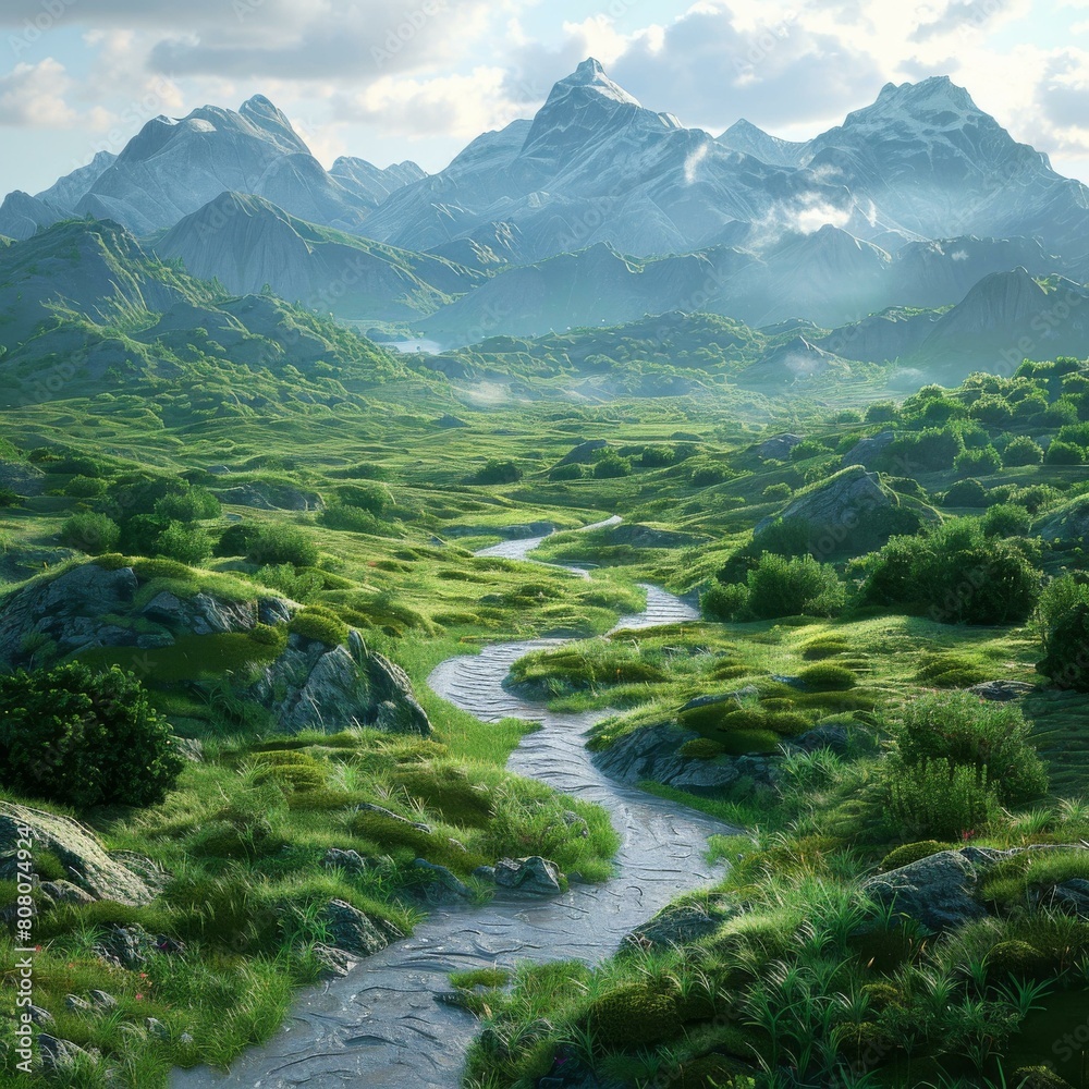 majestic mountains and a pristine river in a lush green valley