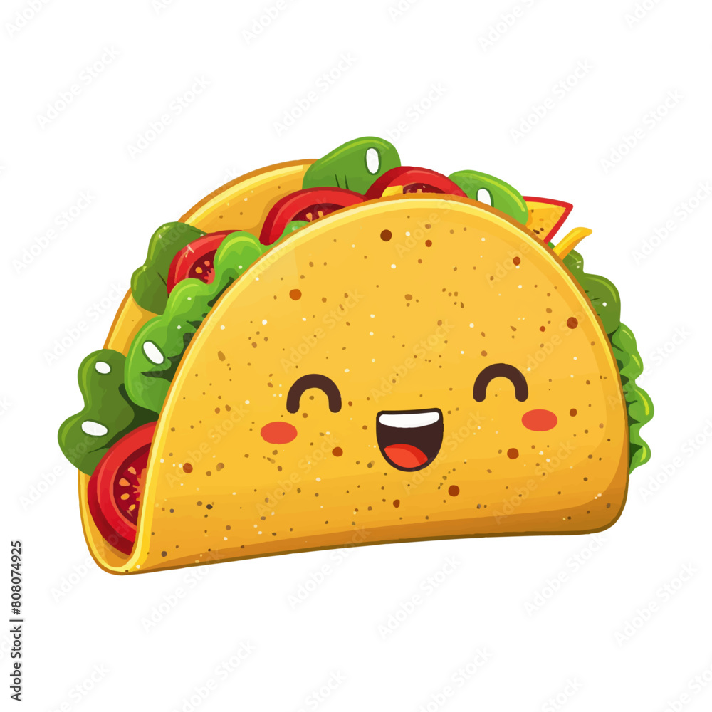 Digital illustration of an anthropomorphic taco with kawaii features promoting playful and inviting image for food branding Digital illustration of an anthropomorphic taco with kawaii features promoting playful and inviting image for food branding