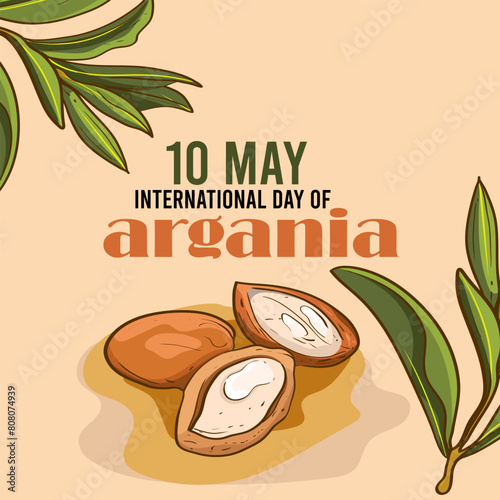 International day of argania celebration design with the argan oil. May 10th International Argania day celebration cover banner Argan trees in Morocco.