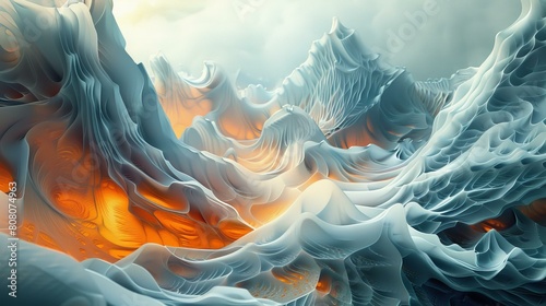 Icy mountain landscape with a deep crevasse revealing a fiery orange interior photo