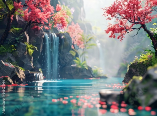 Fantasy landscape with waterfall and cherry blossom trees