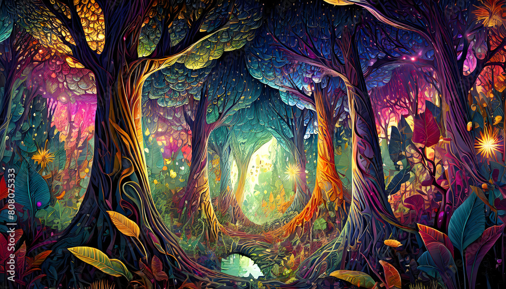 Fototapeta premium Abstract Fantasy forest, Geometric shapes, abstract patterns on digital art concept, Generative AI.