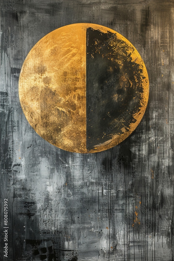A painting of a gold and black circle with a black line dividing it. The painting is abstract and has a moody, mysterious feel to it