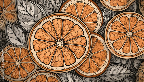 Abstract Seamless doodle cut oranges on digital art concept, Generative AI. © Watercolor_Concept