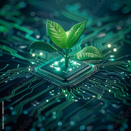 A circuit board with a green plant growing out of it.