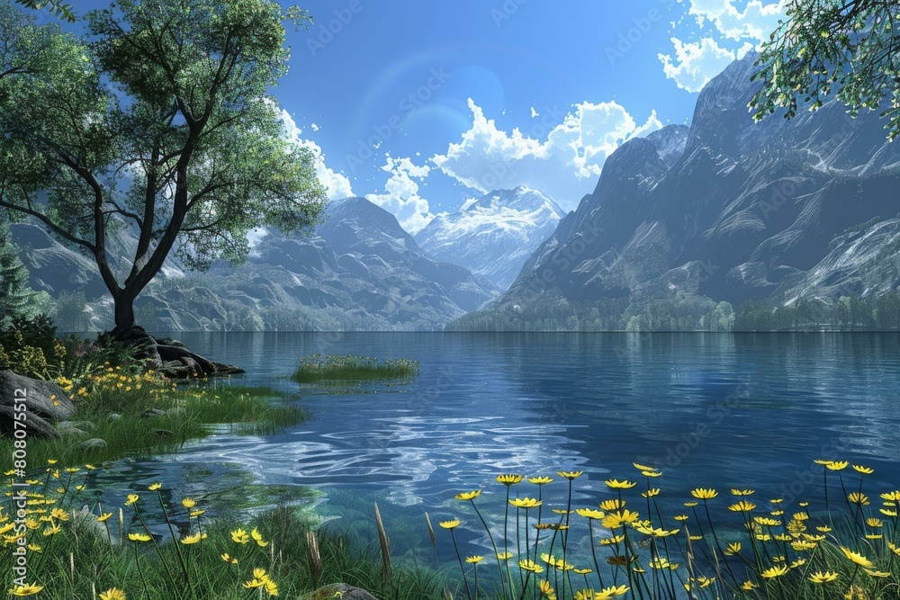 Mountains, lake and yellow flowers in the summer