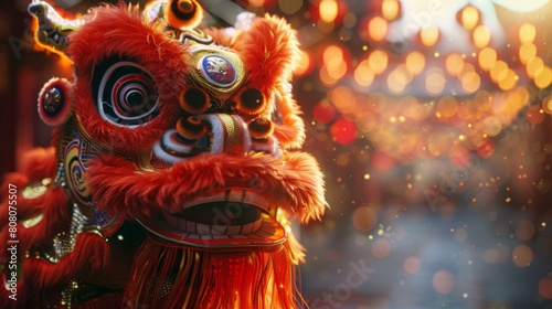 A red and gold lion dance costume with a happy expression on its face