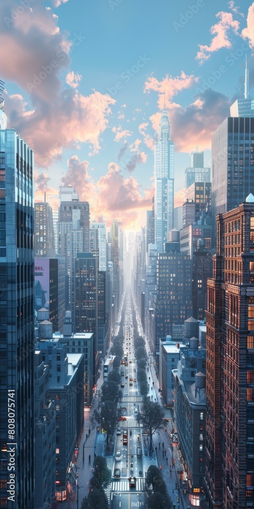 Fototapeta premium A Wide Road in a City with Tall Buildings on Both Sides