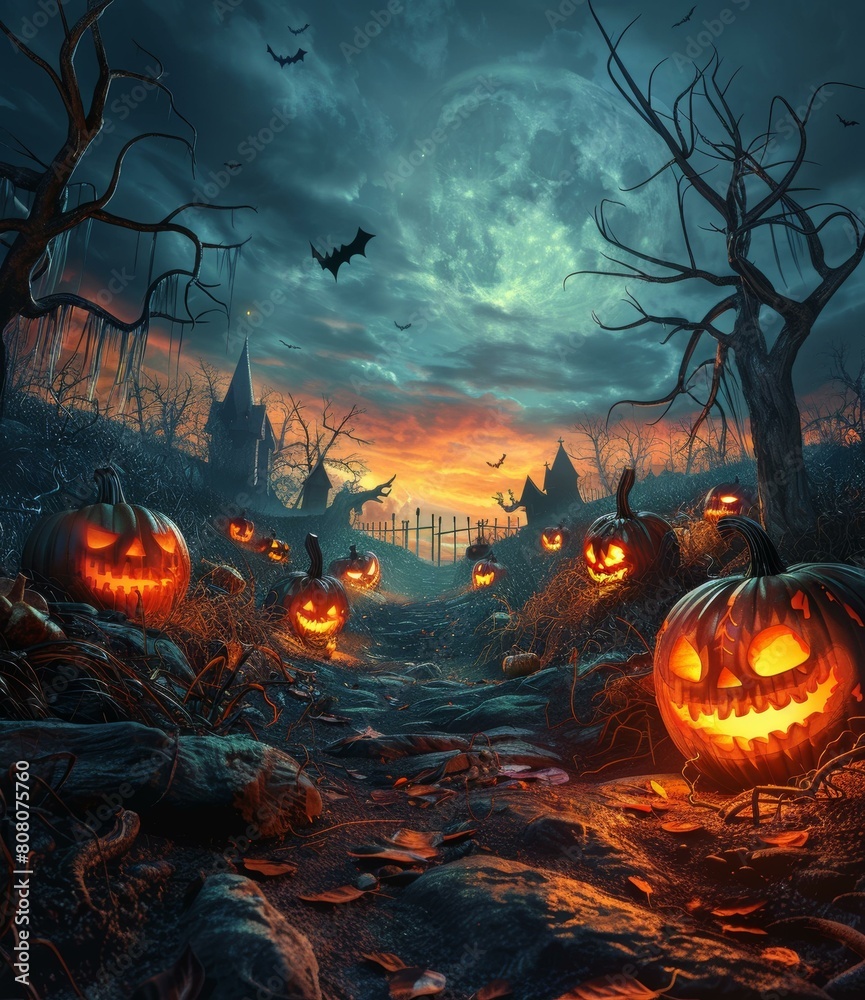 Spooky Halloween night with pumpkins and bats Spooky Halloween night with pumpkins and bats