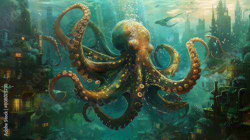 A large octopus is swimming in a city with buildings in the background. The octopus is surrounded by a lot of water and has a lot of tentacles