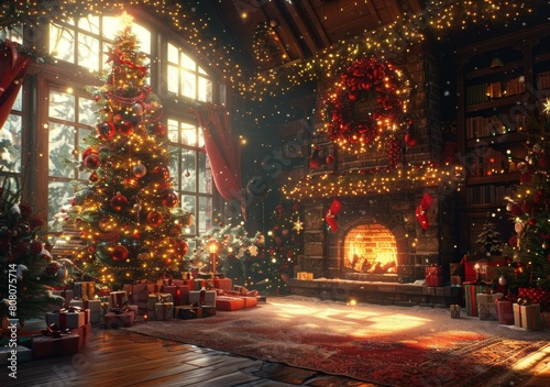 Christmas living room interior with decorated Christmas tree, presents, fireplace and lights