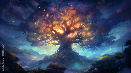 Design a watercolor background featuring an ancient tree illuminated by fireflies at dusk photo