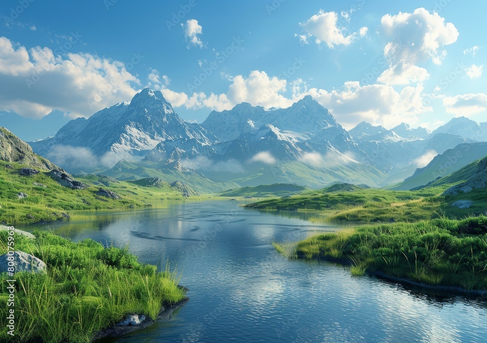 Mountains, lake and green fields Mountains, lake and green fields