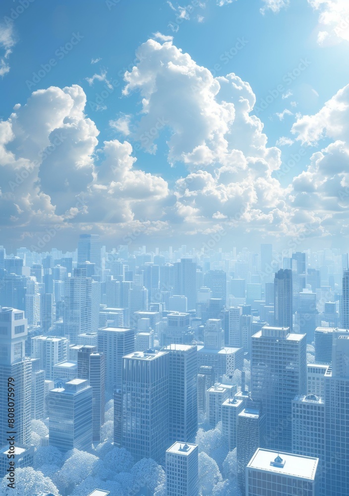 Blue and white cityscape with skyscrapers and clouds