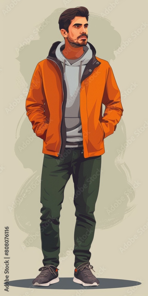 A man wearing an orange jacket, gray sweater, and green pants. A man wearing an orange jacket, gray sweater, and green pants.