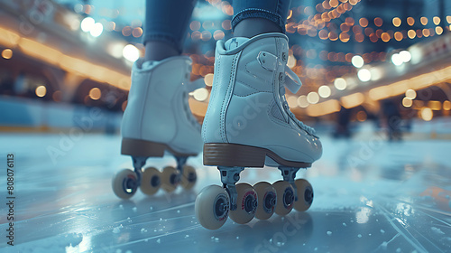 A closeup of Roller Skating Roller skates, against Rink as background, hyperrealistic sports accessory photography, copy space